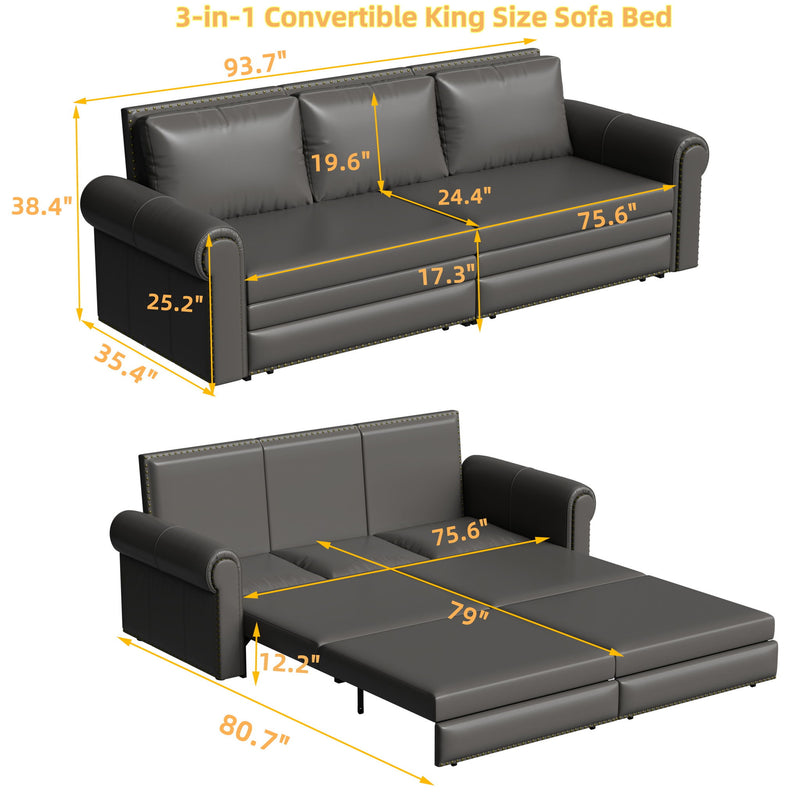 3 In 1 Convertible Sleeper Sofa With Nailhead Trim & Rolled Arm