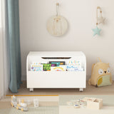 Toy Box With 4 Universal Wheels, Kids Playroom Storage Organizer With Front Bookshelf, Flip Top Lid, Safety Hinge - White