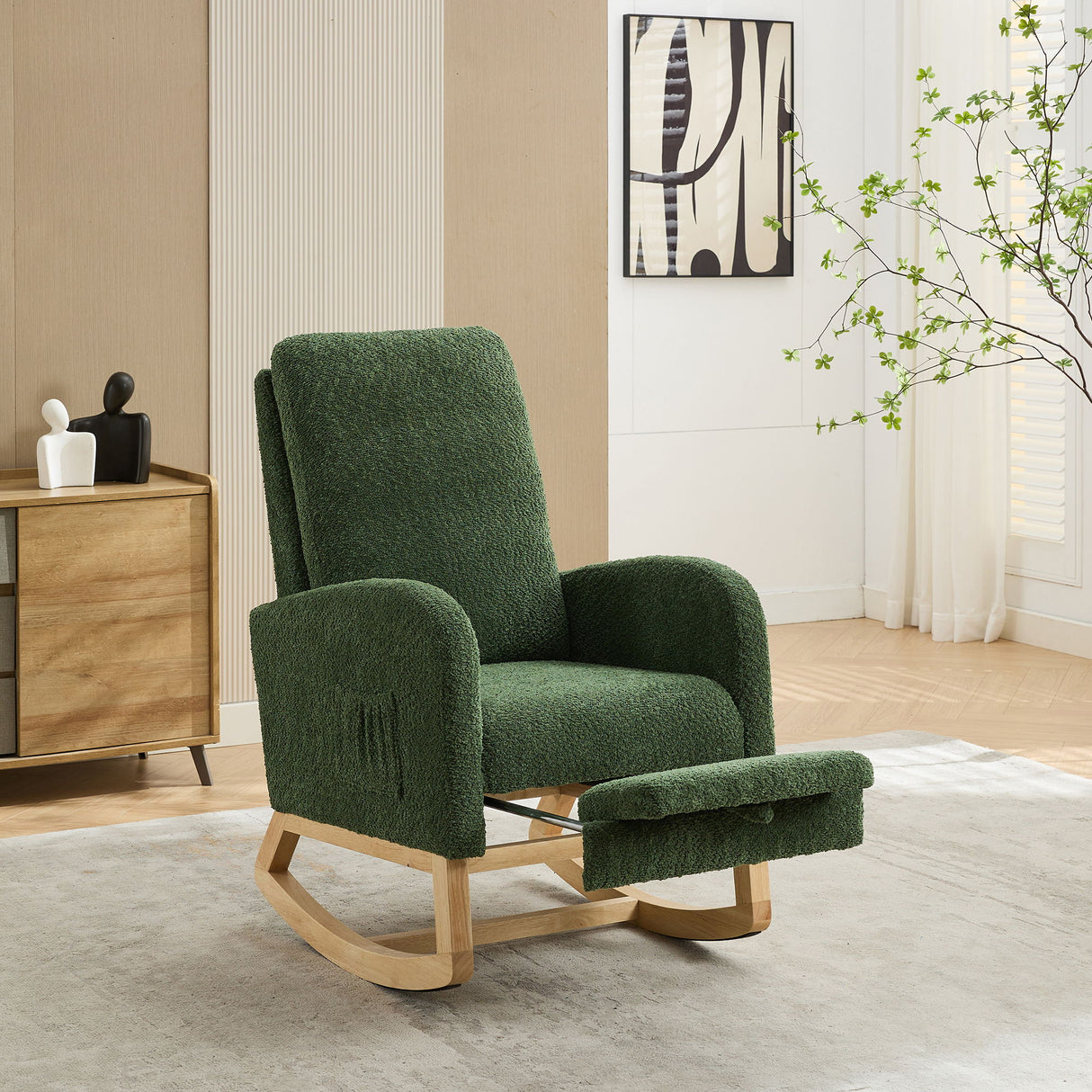 Rocking High Back Glider Chair With Retractable Footrest, Side Pocket