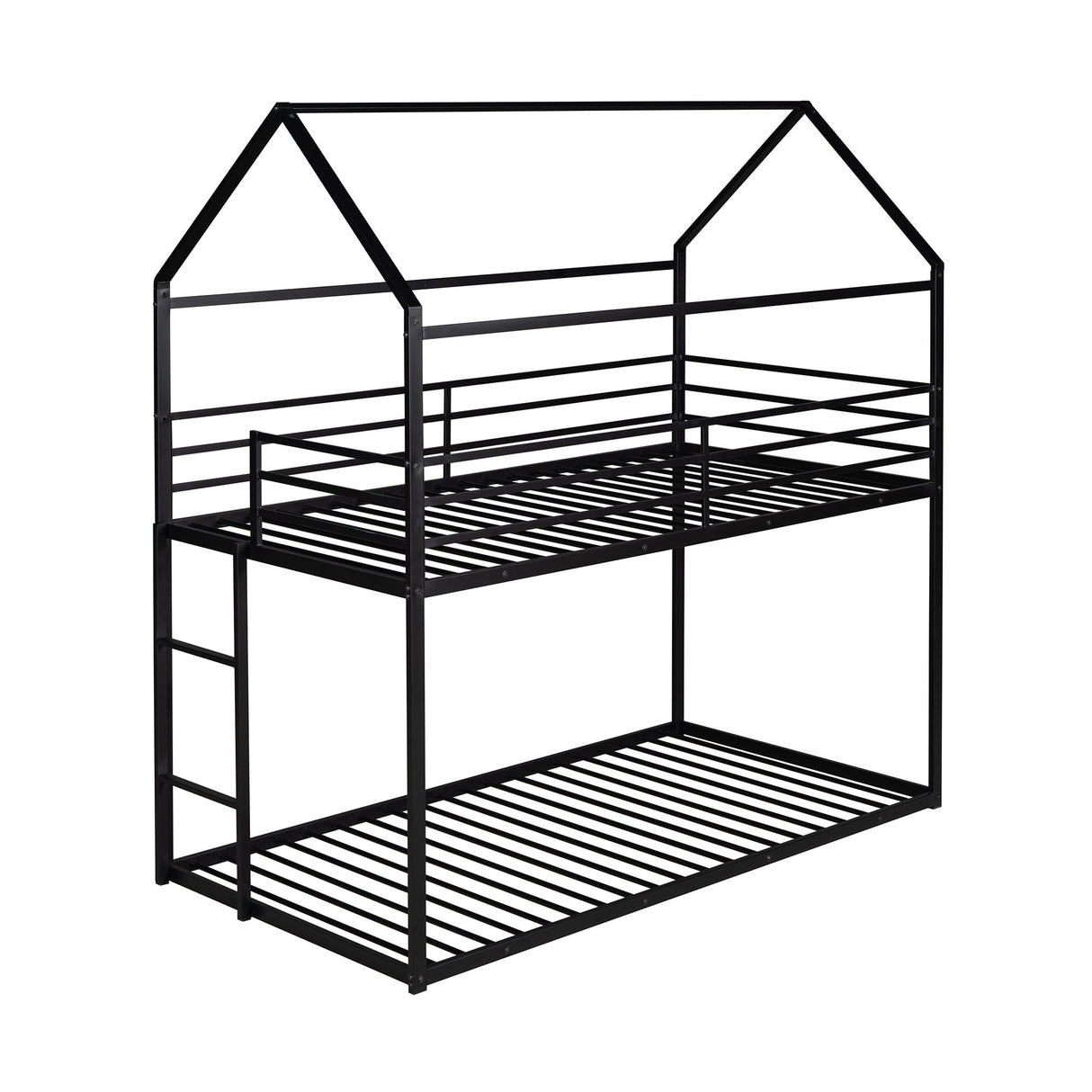 House Bunk Bed Metal Bed Frame Built-In Ladder, No Box Spring Needed