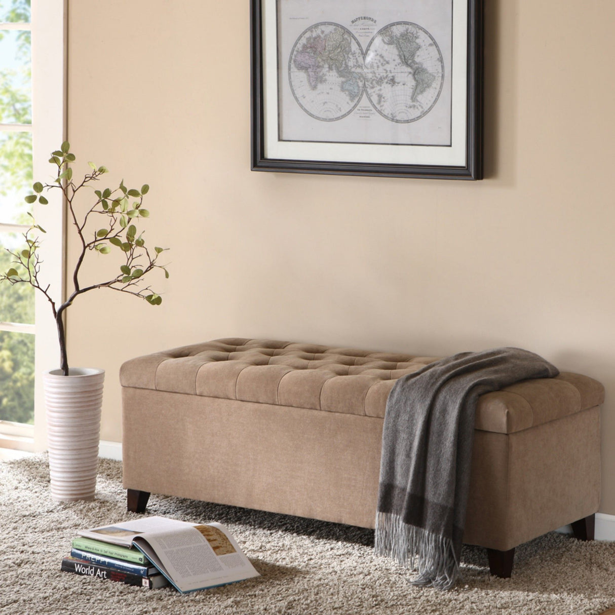 Elegant Design Tufted Top, Soft Close Storage Bench, Upholstered Fabric Solid