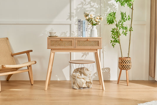 Side table with two real rattan drawers, solid wood table legs,can be used in the dining room, living room,bedroom,entrance,natural