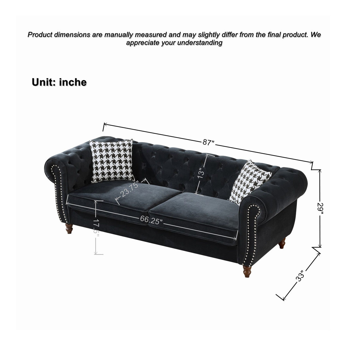 Chesterfield Velvet Upholstery Fabric Sofa With Roll Armrest & Nailhead, Mid Century Modern 3 And 3 Seater Couch