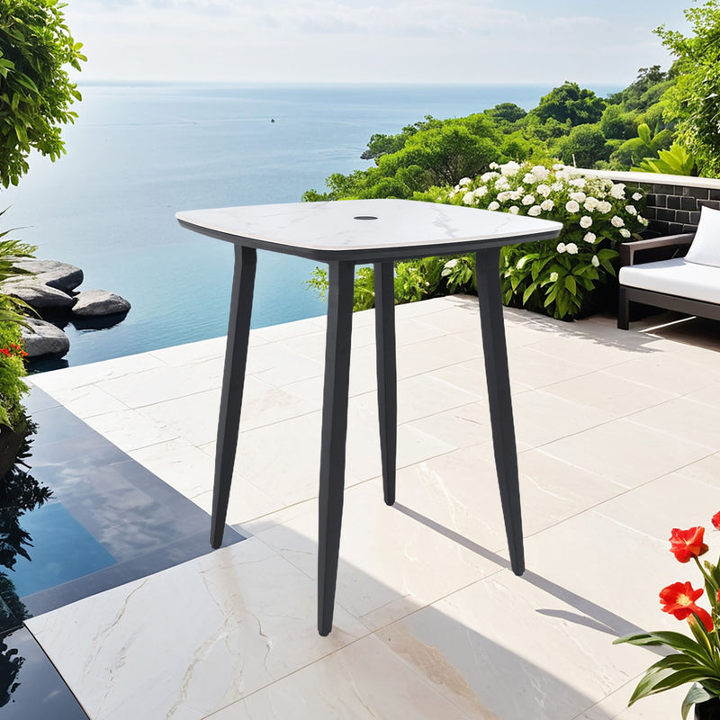 Outdoor Bar Table, Rounded Square Sintered Stone Top With Umbrella Hole, Rust Free Frame, Weatherproof - Ember Black / White