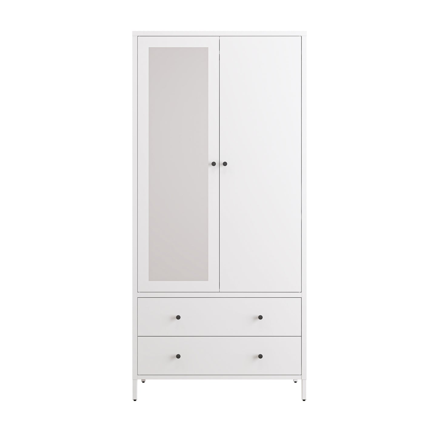 Metal Armoire Wardrobe Closet with 2 Drawers, Mirror Door and Hanging Rod, Metal Clothing Storage Cabinet, Garment Organizer with Magnetic Door - White