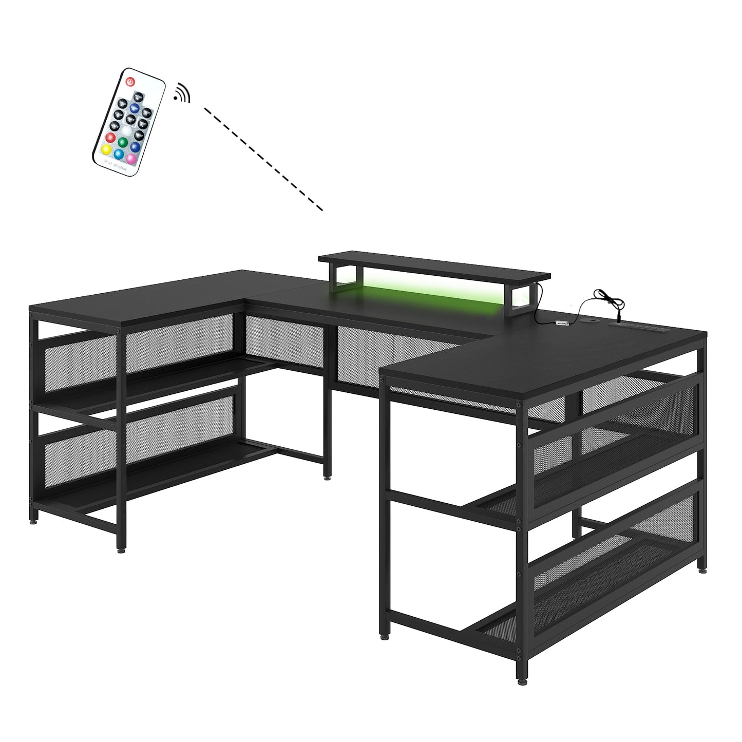 U Shaped Desk with Power Outlets & LED Strip & Monitor Stand, L Shaped Desk with Storage Shelf, Home Office Gaming Desk, Vintage