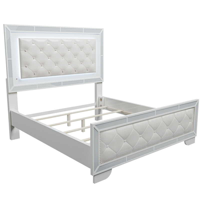 Eastern King Size Bed With LED Lights And Mirror Trim - Cream / Ivory