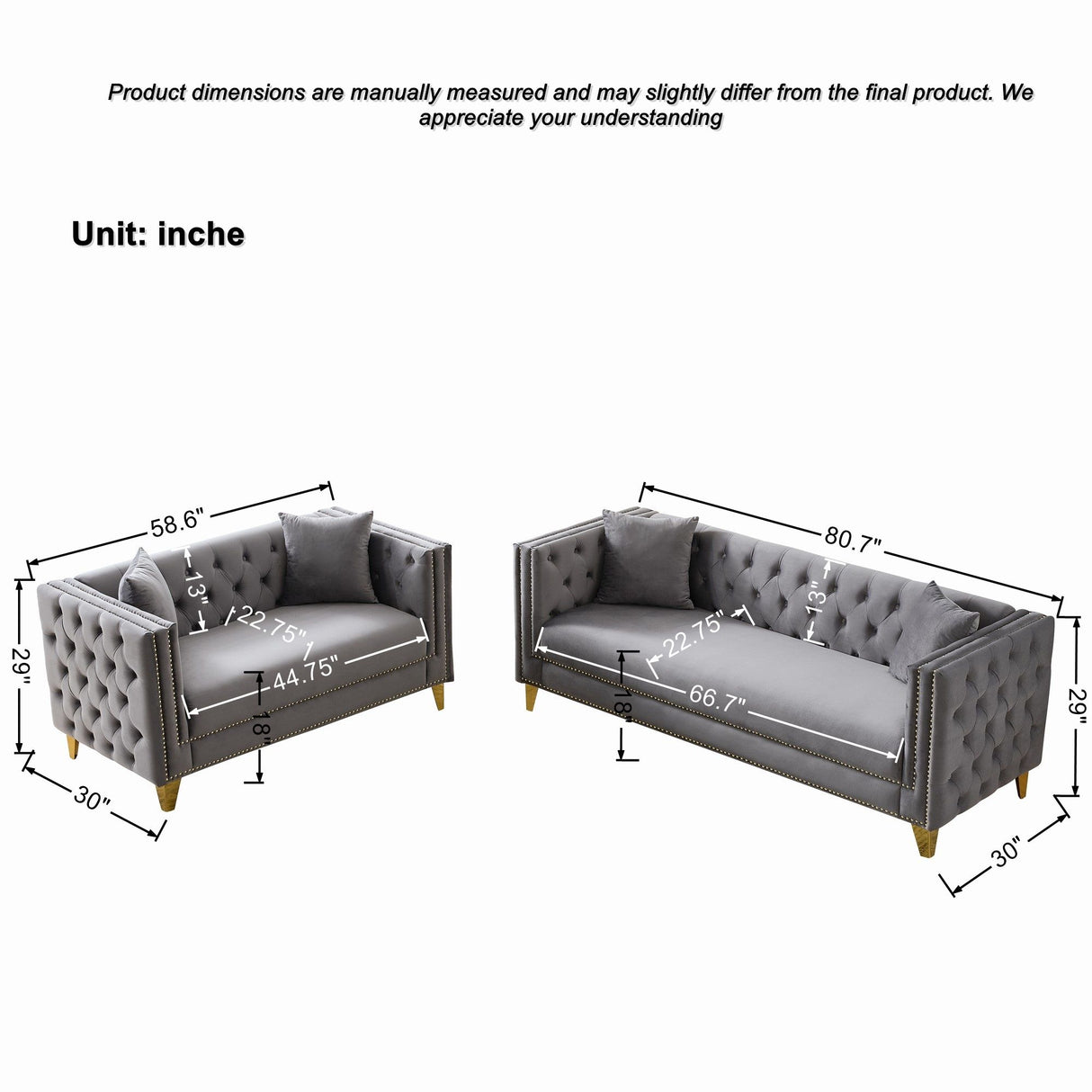 3 And 2 Seater Deep Seat Sofa With Button Nailhead, Square Arm Couches, Furniture For Living Room - Gray