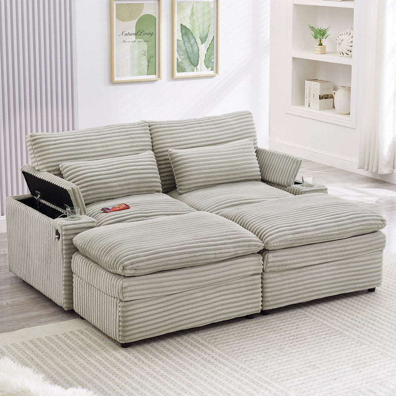 Convertible Loveseat Sofa With Storage, USB Ports, Cup Holders