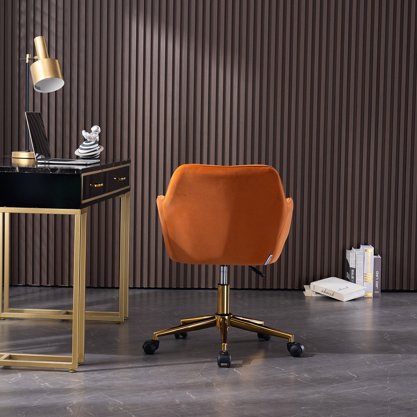 Modern Velvet Fabric Material Adjustable Height 360 revolving Home Office Chair with Gold Metal Legs and Universal Wheels for Indoor,Orange