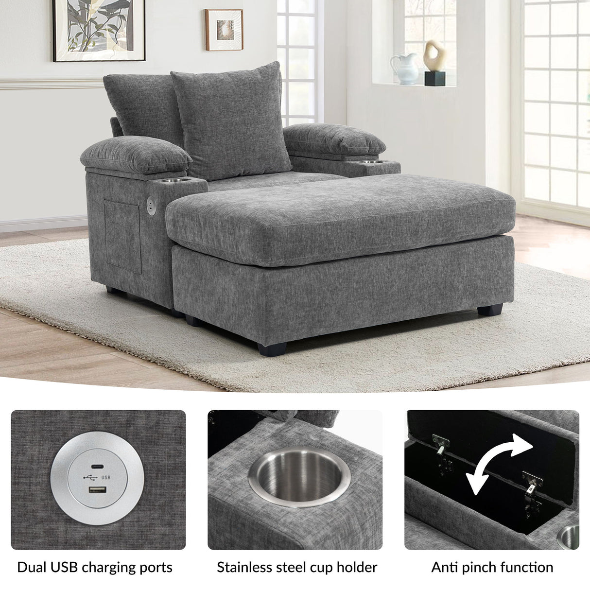 Modern Oversized Chair With Ottoman, Comfy Sofa With Cupholders And USB Charging Ports Chair For Living Room