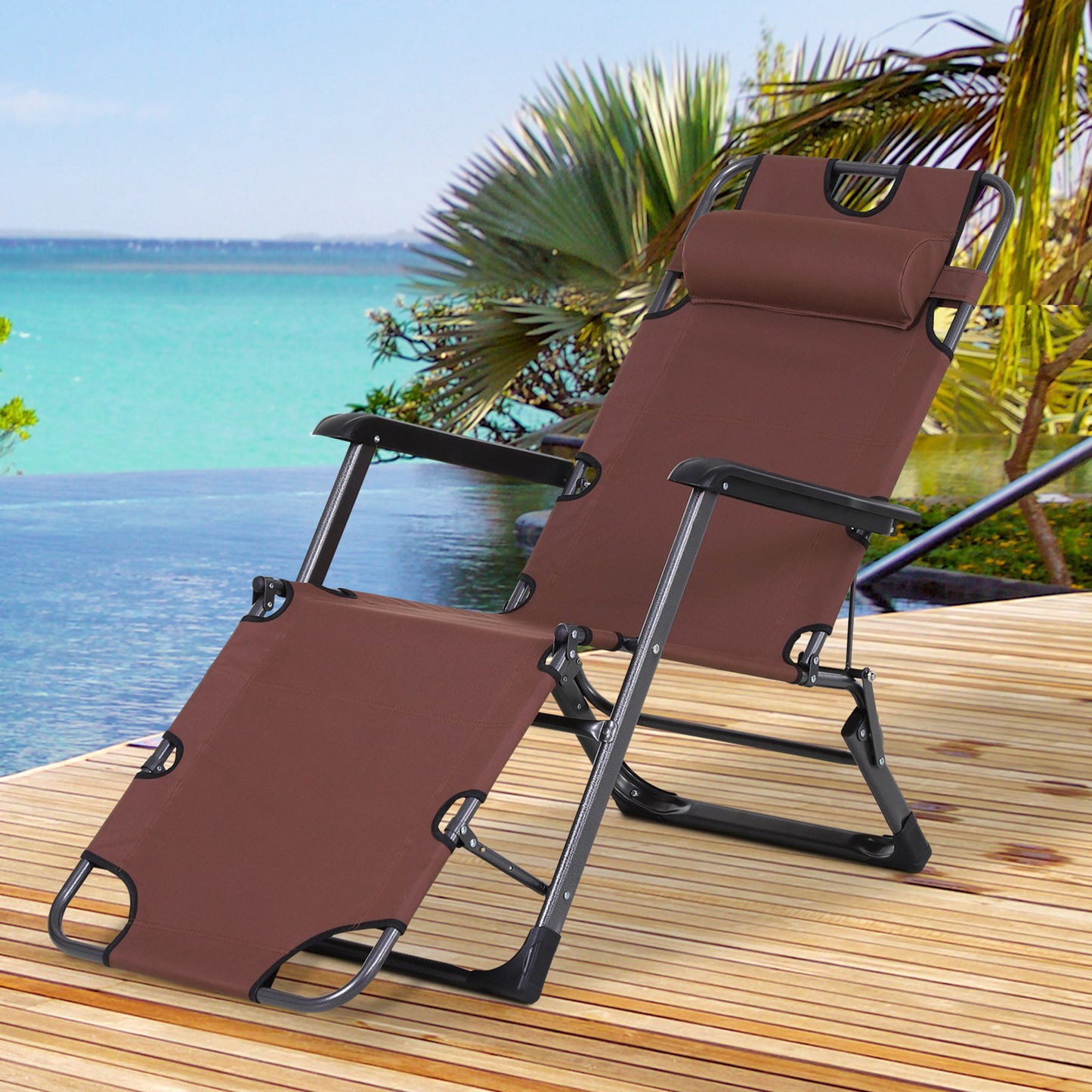 Outsunny Folding Chaise Lounge Chair for Outside, 2-in-1 Tanning Chair with Pillow & Pocket, Adjustable Pool Chair for Beach, Patio, Lawn, Deck, Brown