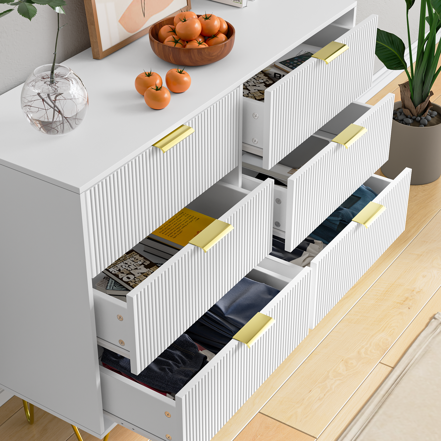 Modern white 6 Drawers for Bedroom,small size Wooden drawers with Gold Handles,  Chest Dresser with Deep Drawers for living room