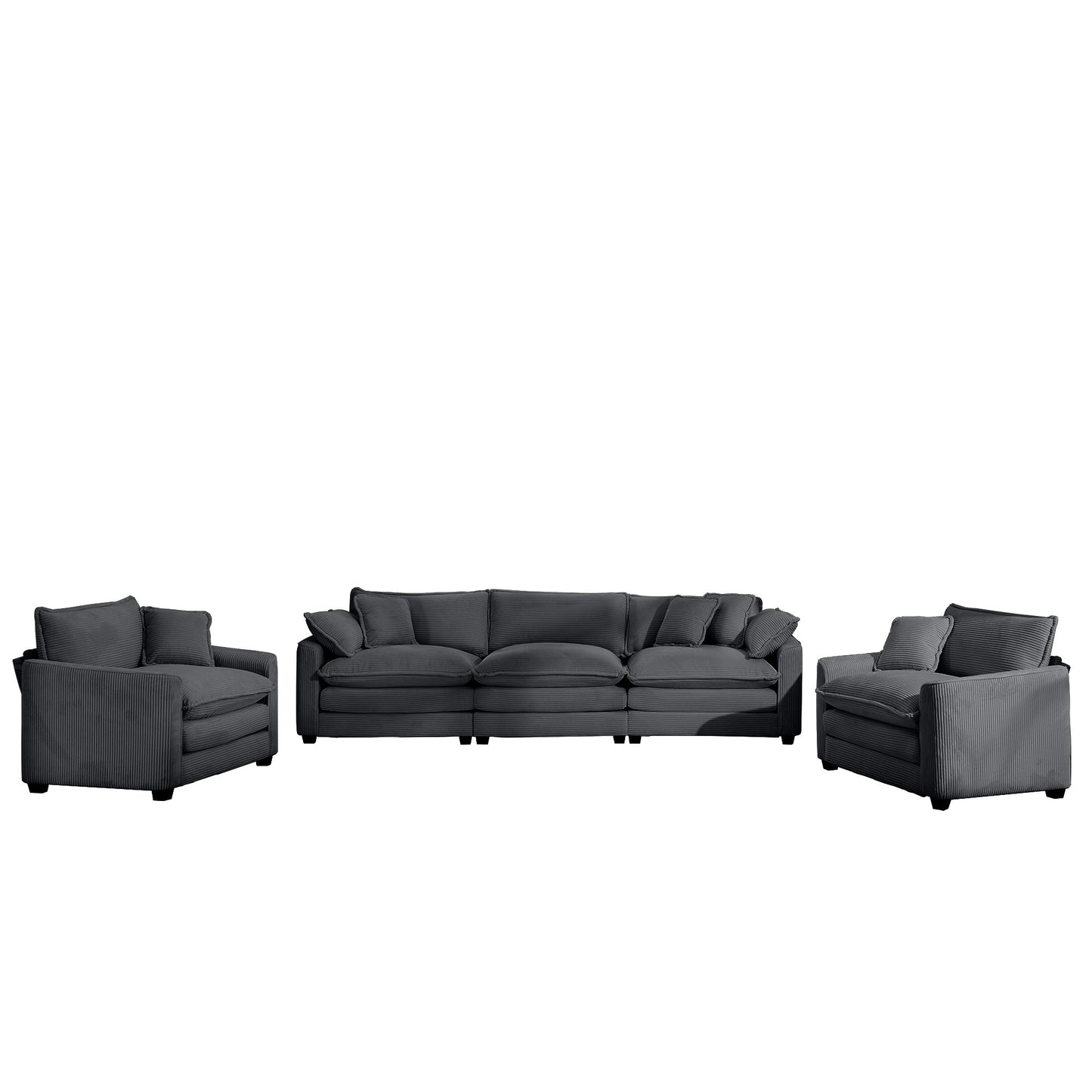 Luxurious and Sophisticated Sofa Set with Soft Cushions and Pillows, Home for Living Rooms and Clubs as well as Home Theaters, Consisting of Two Single Sofas and a 3-Seater Sofas in Grey Corduroy Fabr