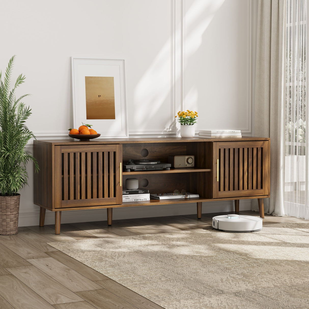 TV Stand With 2 Grille Door Cabinets And Adjustable Storage Rack, Suitable For Medieval Modern TV Cabinets, Entertainment Center With Storage Space - Walnut Wood