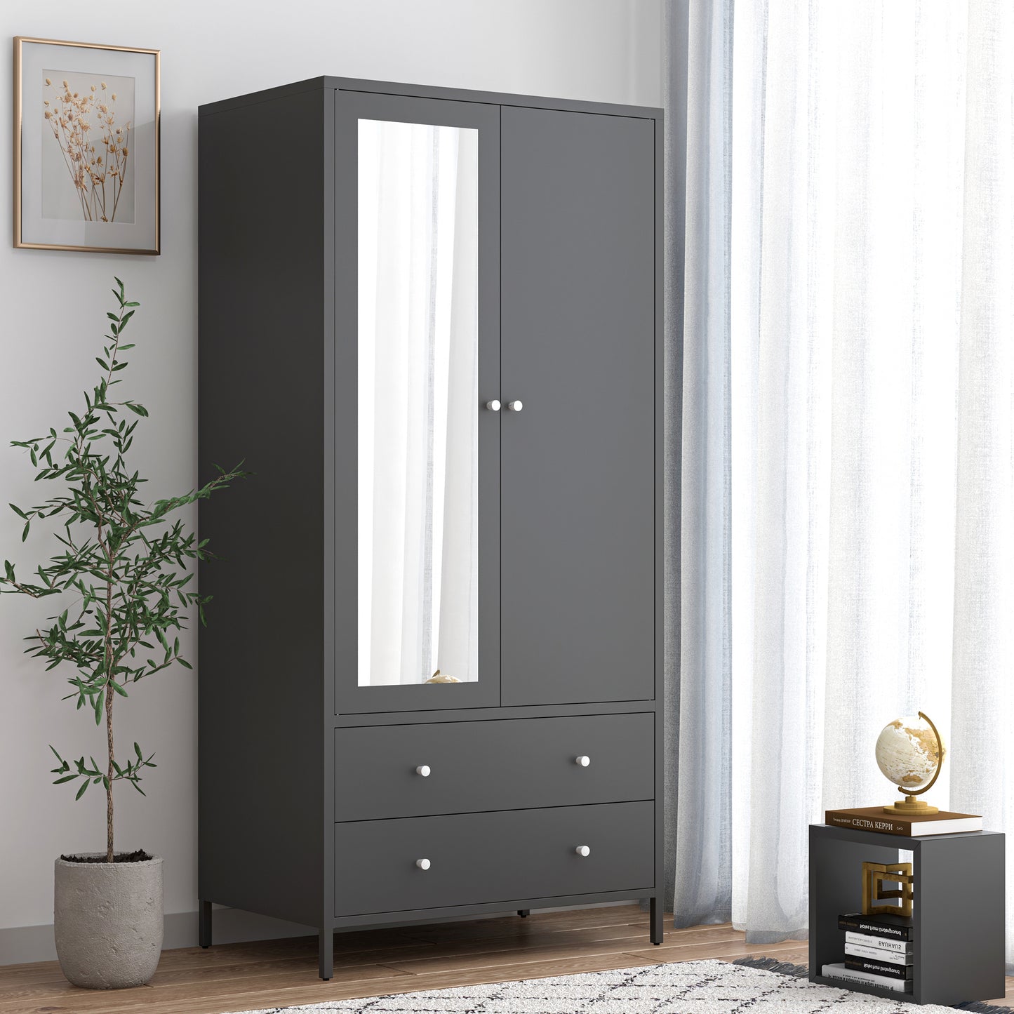 Metal Armoire Wardrobe Closet with 2 Drawers, Mirror Door and Hanging Rod, Metal Clothing Storage Cabinet, Garment Organizer with Magnetic Door - Dark Grey