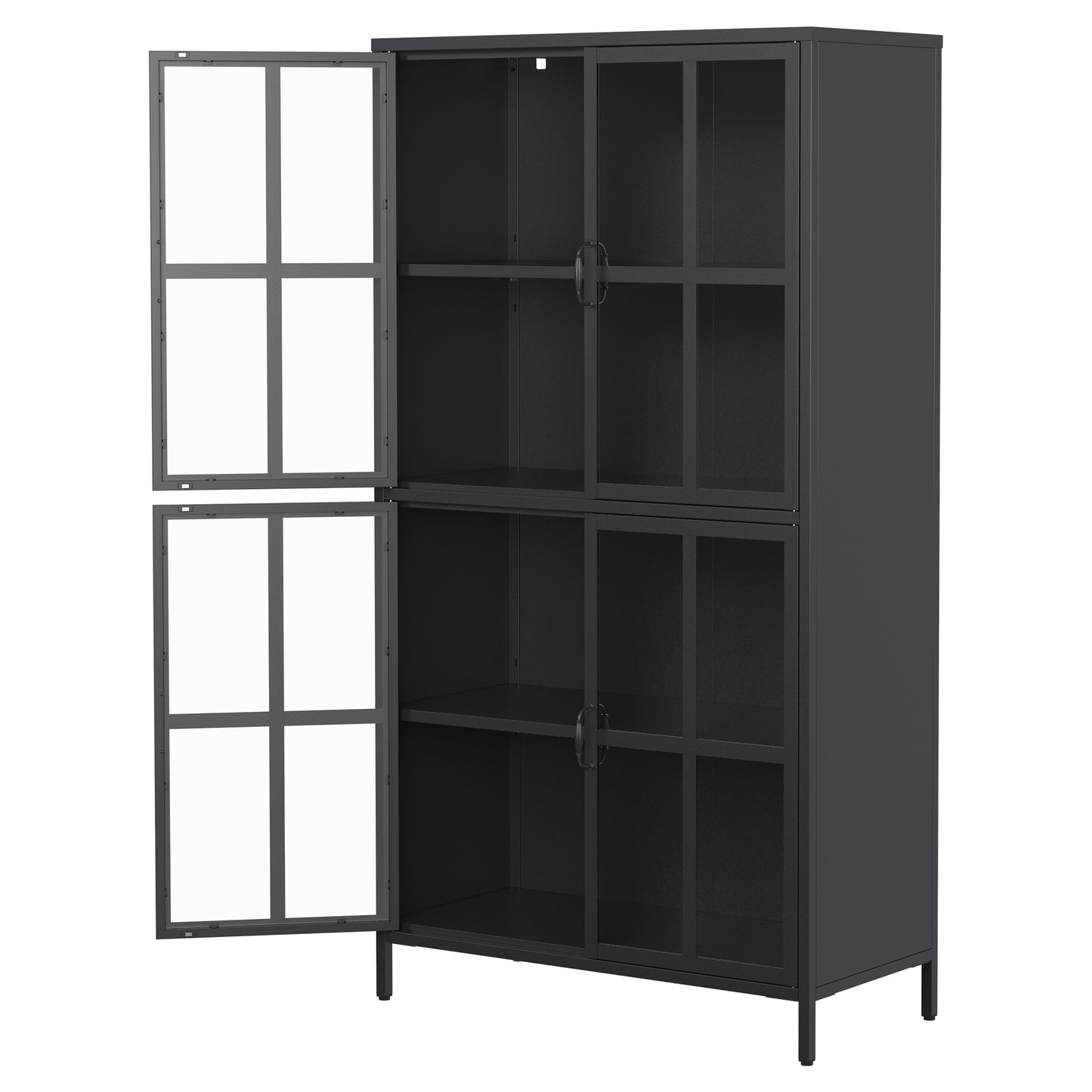 Premium Black Metal Storage Cabinet with Tempered Glass Doors, Adjustable Shelves, Anti-Tipping Device, Magnetic Silent Closure, and Adjustable Feet for Home and Office Use