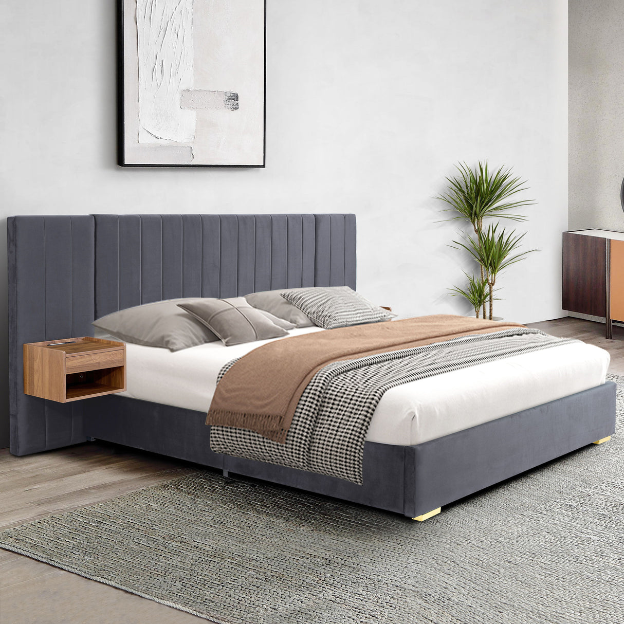 Upholstered Bed Frame Of Velvet Tufted Headboard With Floating Nightstand LED / USB Built