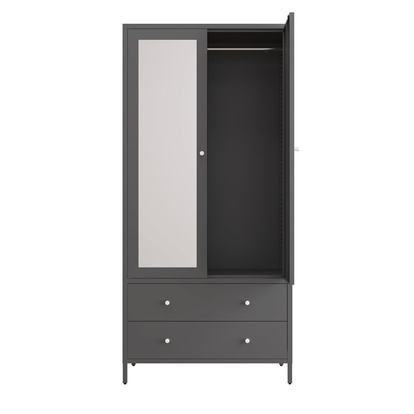 Metal Armoire Wardrobe Closet with 2 Drawers, Mirror Door and Hanging Rod, Metal Clothing Storage Cabinet, Garment Organizer with Magnetic Door - Dark Grey