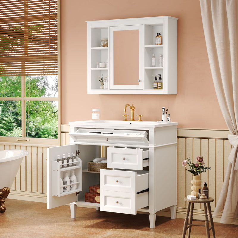 Bathroom Vanity With Top Sink, Storage Cabinet With Mirror, 2 Doors, 3 Drawers, 6 Open Shelves