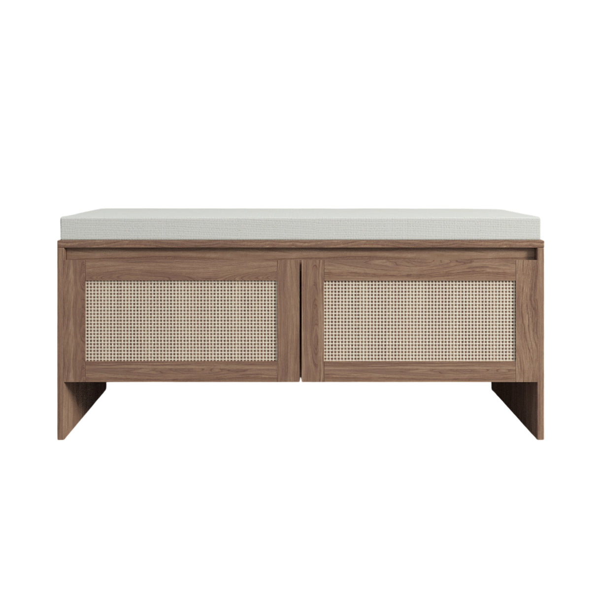 Storage Bench With Cushion, Shoe Cabinet With 2 Doors - Antique Natural / Rattan