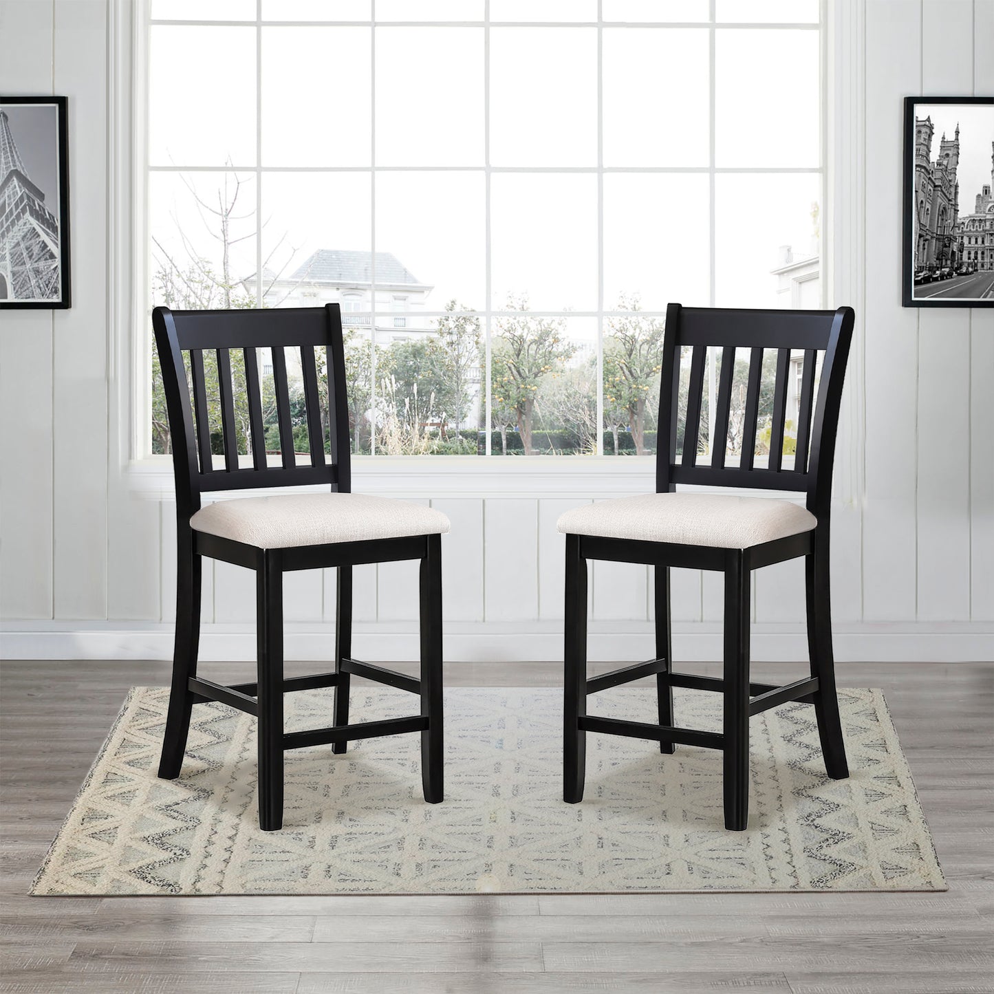 Casual Seating Black Finish Chairs Set of 2 Rubberwood Transitional Slatted Back Design Dining Room Furniture Counter Chairs