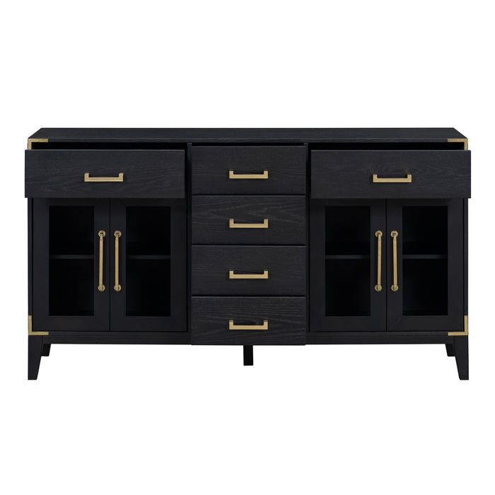 TREXM 6-drawer and 2-Cabinet Retro Sideboard with Extra Large Storage Space, with Gold Handles and Solid Wood Legs, for Kitchen and Living Room (Black)