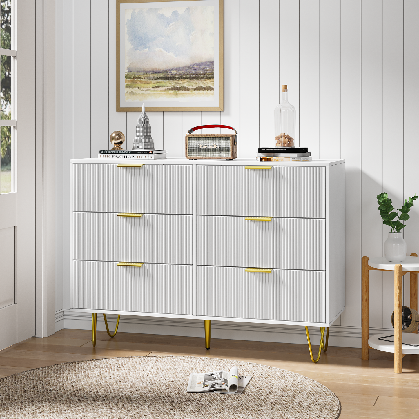 Modern white 6 Drawers for Bedroom,small size Wooden drawers with Gold Handles,  Chest Dresser with Deep Drawers for living room