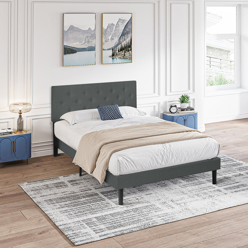 Modern Upholstered Platform Bed Frame With Button Tufted Fabric Headboard