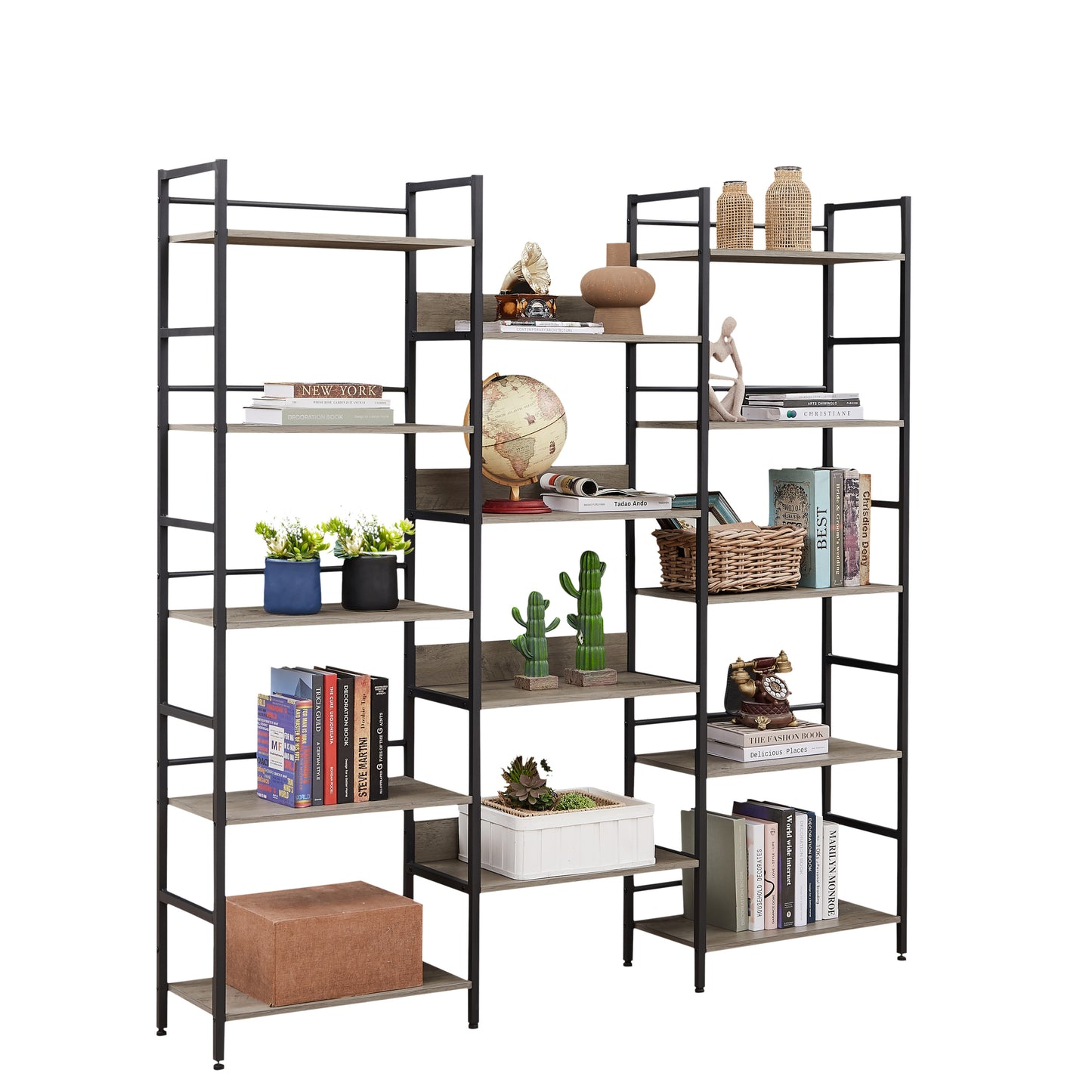 Triple Wide 5-shelf Bookshelves Industrial Retro Wooden Style Home and Office Large Open Bookshelves, Grey, 69.3"W x 11.8"D x 70.1"H