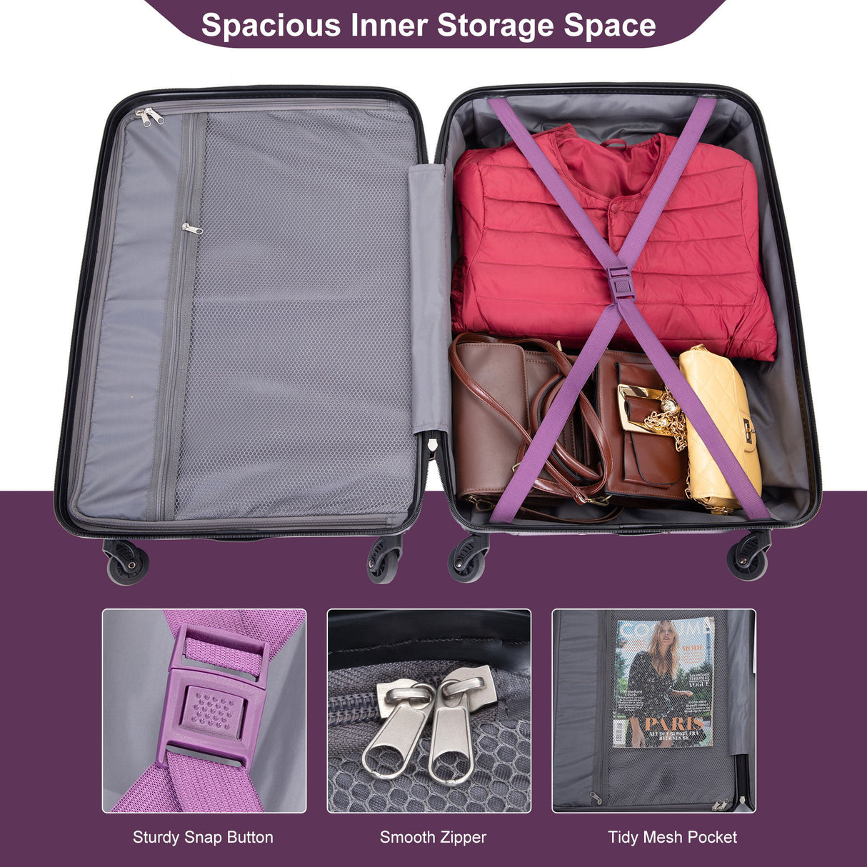 Expandable 3 Piece Luggage Sets Pc Lightweight & Durable Suitcase With Two Hooks, Spinner Wheels, Tsa Lock, (21/25/29) - Dark Purple
