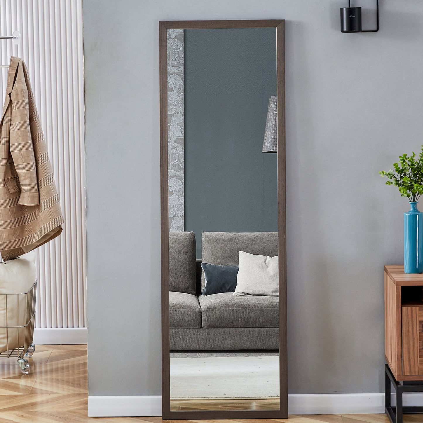 Third generation packaging upgrade, thickened frame, gray wood grain solid wood frame full-length mirror, dressing mirror, bedroom entrance, decorative mirror, floor standing mirror. 57.9 "* 18.1"