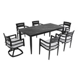 7 Pieces Modern Outdoor Patio Dining Set, Rectangular Table, 4 Chairs & 2 Swivel Rockers, Sunbrella Cushions - Ember Black