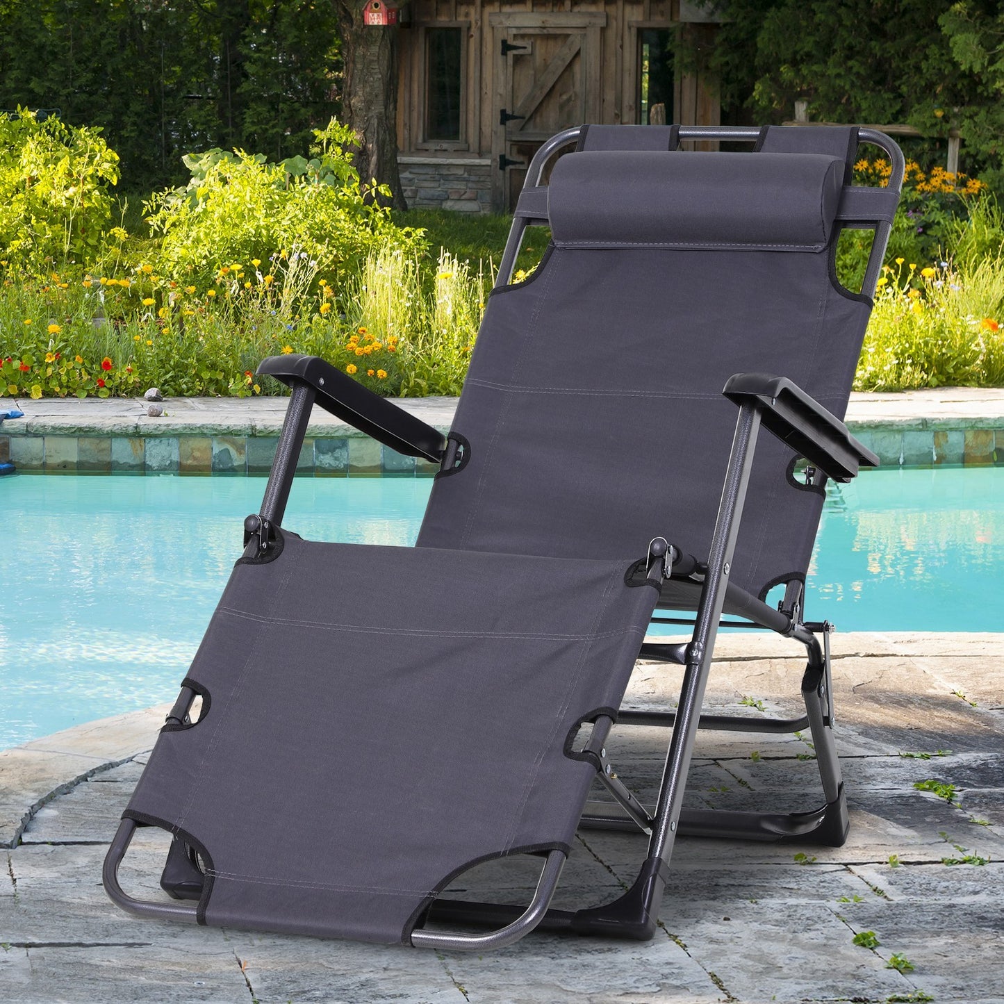 Outsunny Folding Chaise Lounge Chair for Outside, 2-in-1 Tanning Chair with Pillow & Pocket, Adjustable Pool Chair for Beach, Patio, Lawn, Deck, Gray