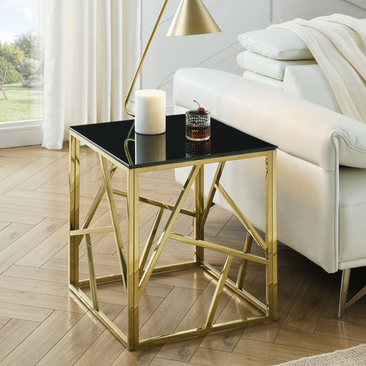 20 Inch Modern Glass End Table with Geometric Metal Frame, Accent Table Nightstand Furniture Corner Table for Living Room,Home Office,Bedroom - Gold