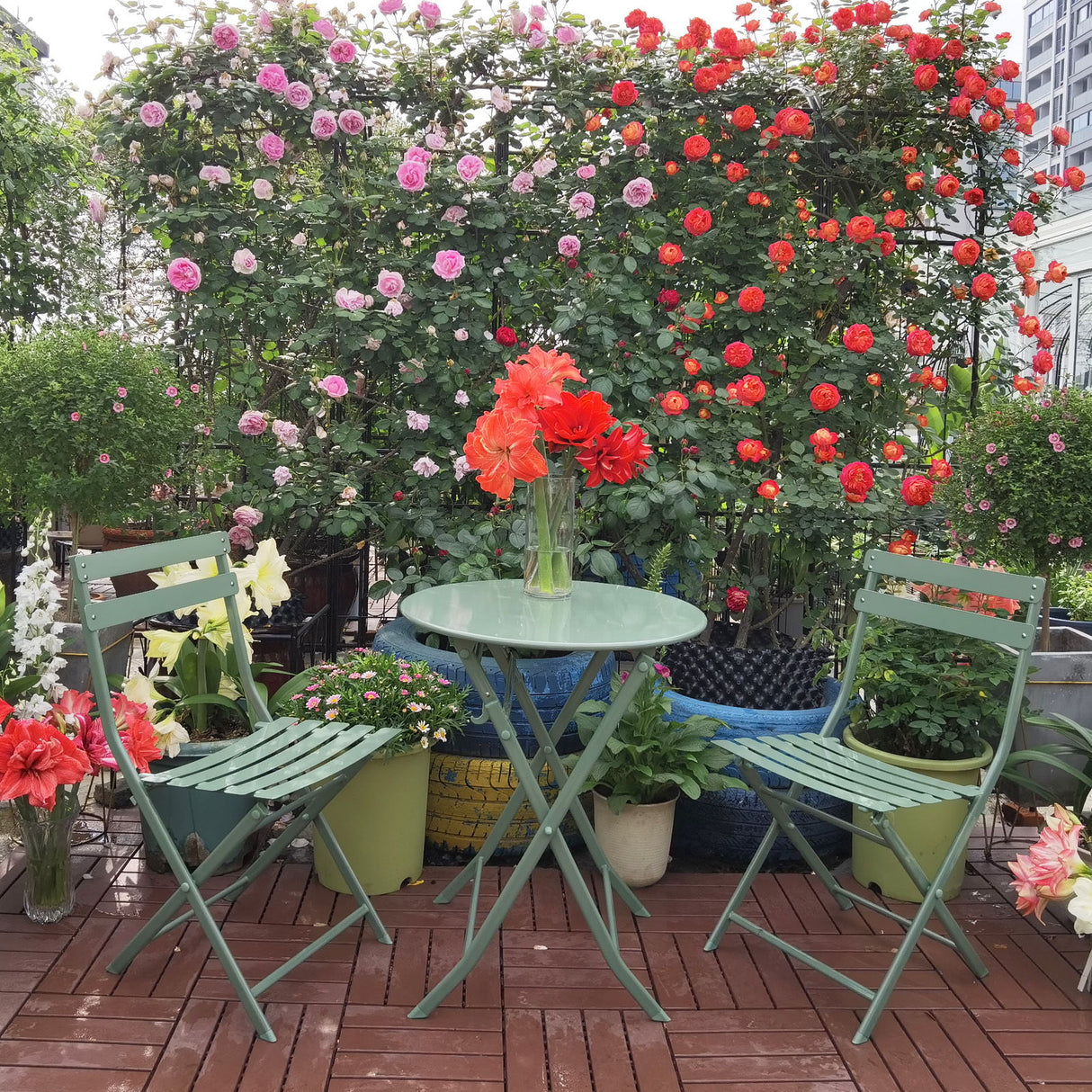 3 Piece Patio Bistro Set Of Foldable Round Table And Chairs