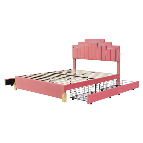 Queen Size Upholstered Platform Bed With LED Lights And 4 Drawers, Stylish Irregular Metal Bed Legs Design - Pink