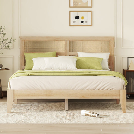 Queen Size Rubber Wooden, Solid Wooden Bed with Rattan Headboard, Enhanced by Support Feet,Oak White