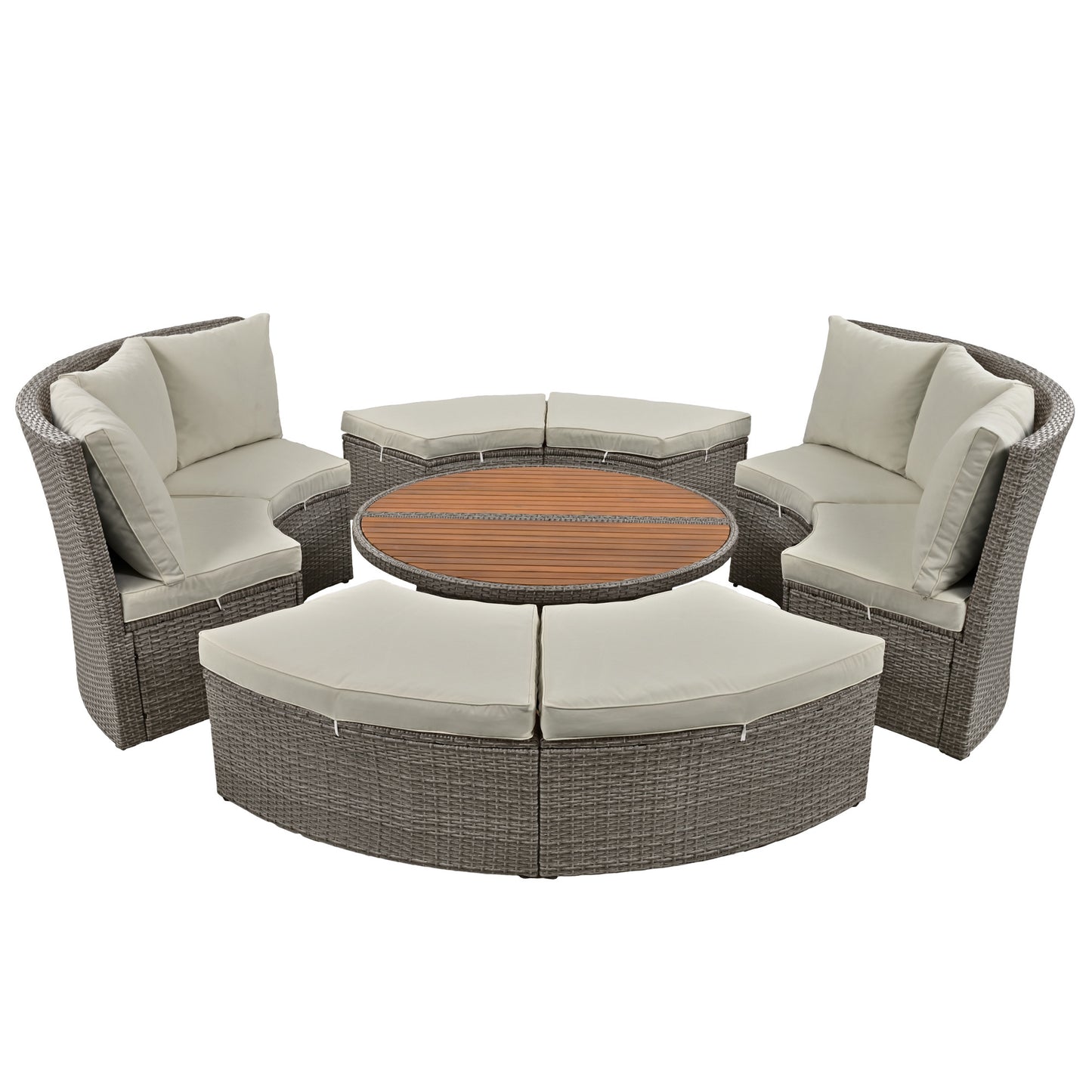 TOPMAX Patio 5-Piece Round Rattan Sectional Sofa Set All-Weather PE Wicker Sunbed Daybed with Round Liftable Table and Washable Cushions for Outdoor Backyard Poolside, Gray