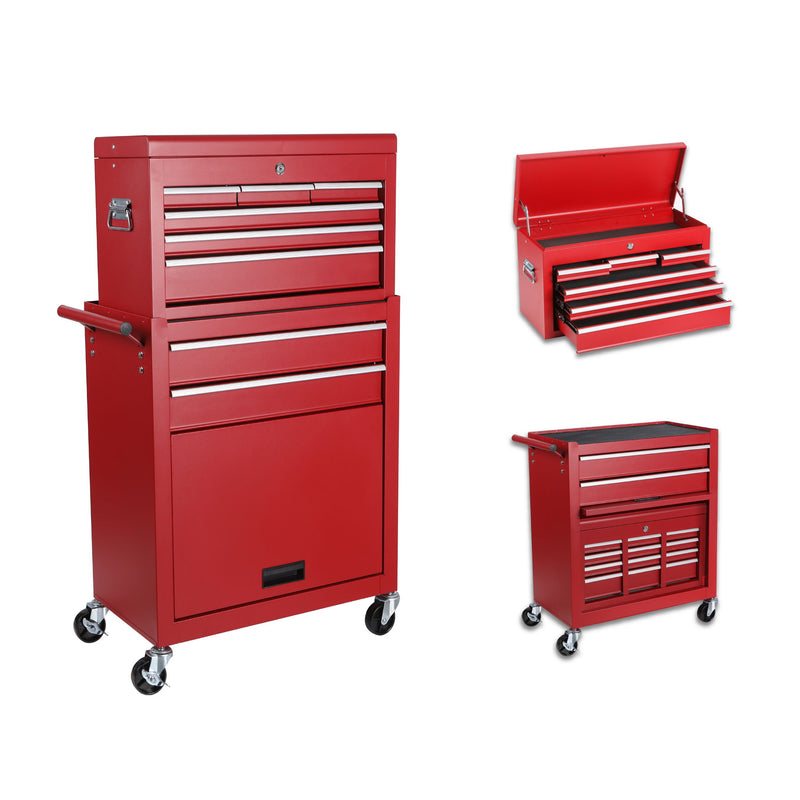 8 Drawer Rolling Tool Chest With 2 In 1 Detachable Top Box, Lockable Wheels