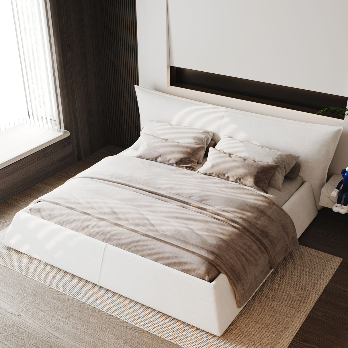 Upholstered Platform Bed With Special Shaped Velvet Headboard