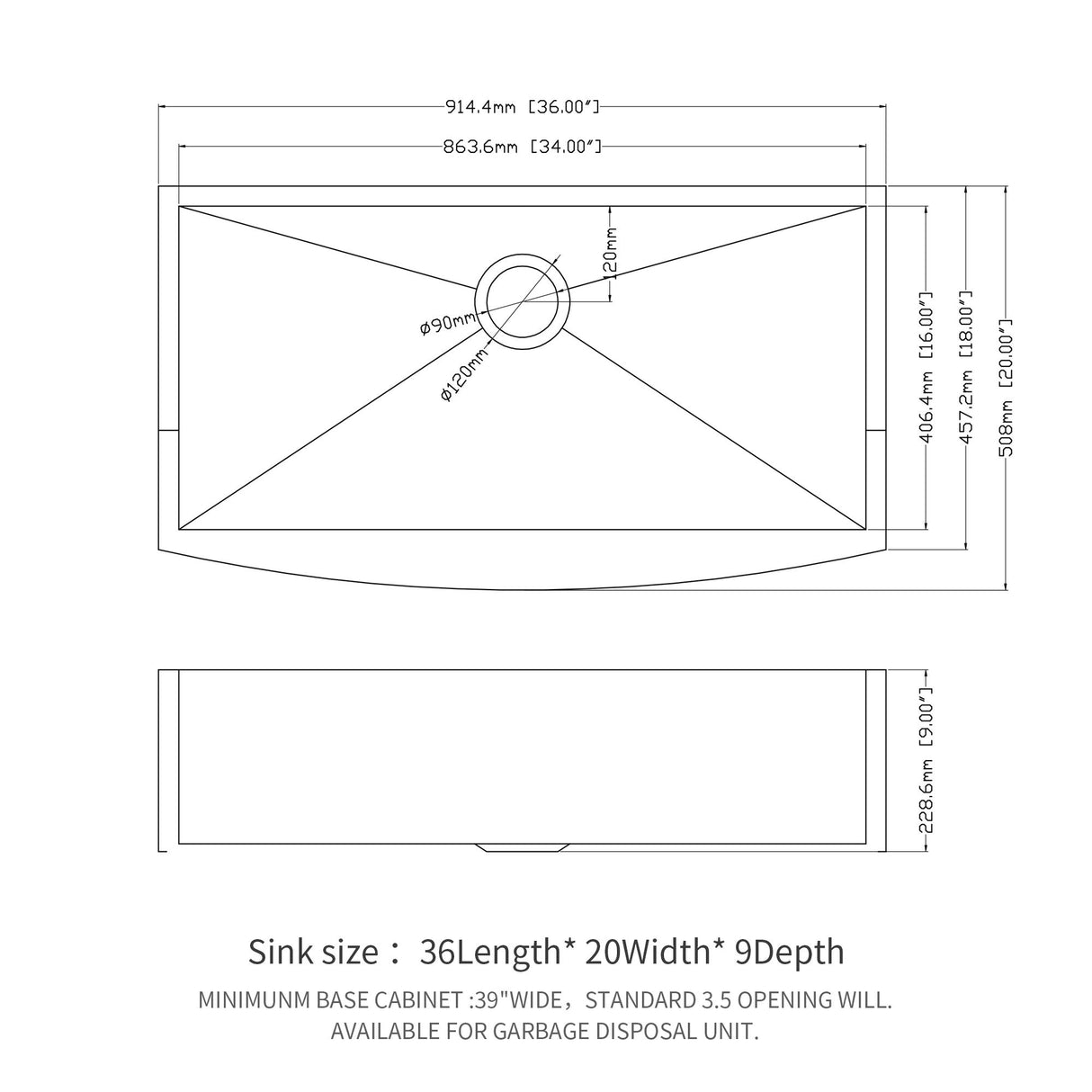 Farmhouse 36" Kitchen Sink Stainless Steel Apron Front - Brushed Nickel
