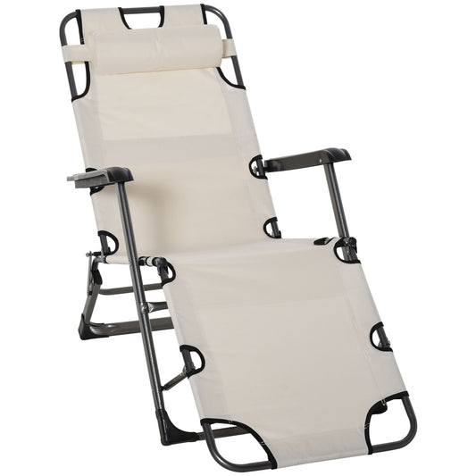 Outsunny Folding Chaise Lounge Chair for Outside, 2-in-1 Tanning Chair with Pillow & Pocket, Adjustable Pool Chair for Beach, Patio, Lawn, Deck, Cream White