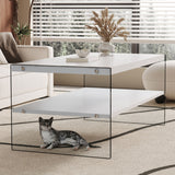 Modern Double Rectangular Coffee Table With Storage Function And Transparent Tempered Glass - White