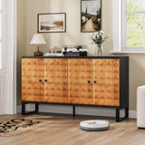 Modern Buffet Cabinet With Storage Space, Retro Style 4 Door Wooden Storage Cabinet, Multifunctional Decorative Cabinet With Geometric Patterns, Suitable For Living Room, Dining Room, Entrance - Orange / Yellow