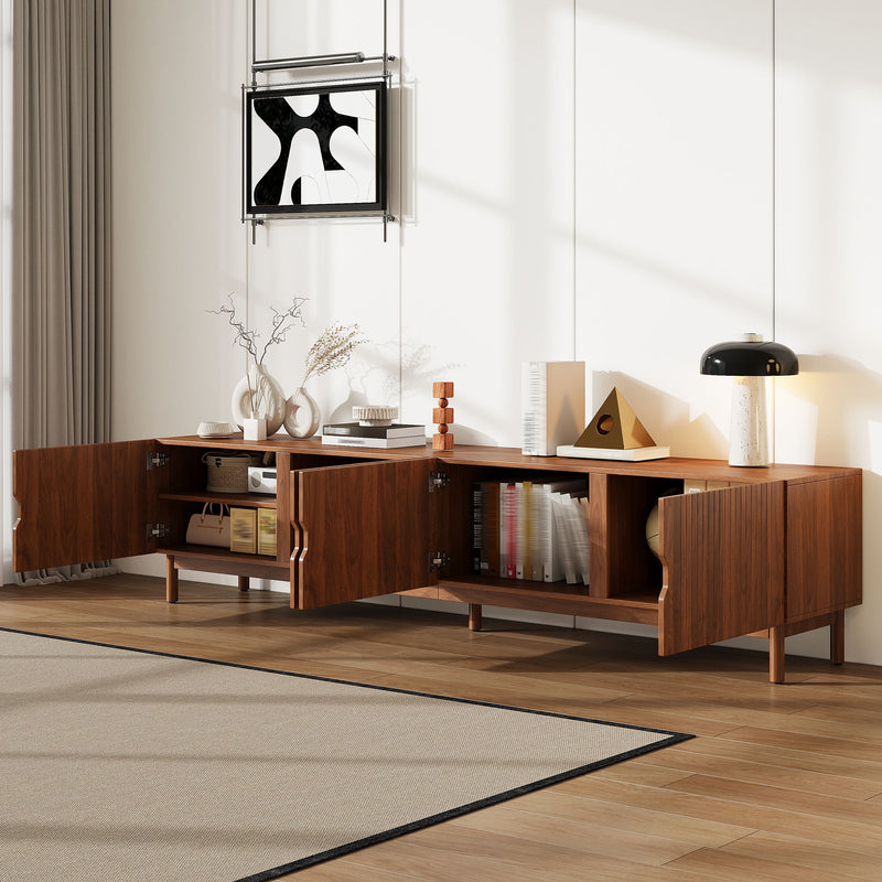 TV Stand With Legs, Media Console, 4 Cabinets For Living Room - Natural Wood