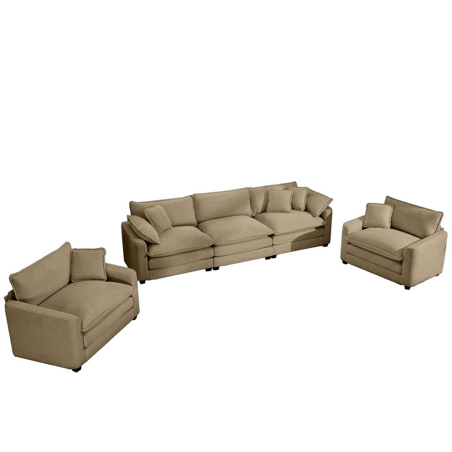 Luxurious and Sophisticated Sofa Set with Soft Cushions and Pillows, Home for Living Rooms and Clubs as well as Home Theaters, Consisting of Two Single Sofas and a 3-Seater Sofas in Tan Corduroy Fabri