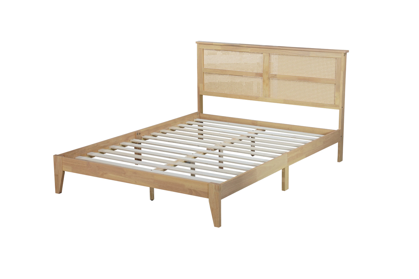 Queen Size Rubber Wooden, Solid Wooden Bed with Rattan Headboard, Enhanced by Support Feet,Oak White