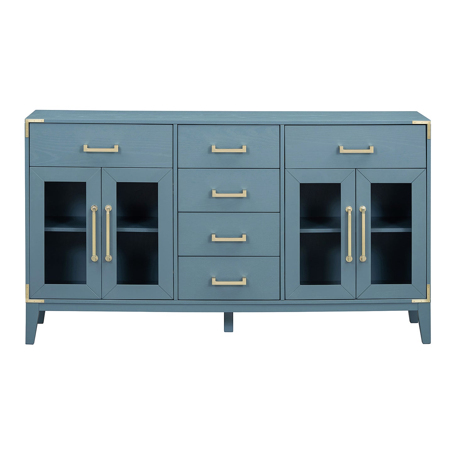 TREXM 6-drawer and 2-Cabinet Retro Sideboard with Extra Large Storage Space, with Gold Handles and Solid Wood Legs, for Kitchen and Living Room (Antique Blue)