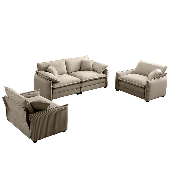 Luxurious and Sophisticated Sofa Set with Soft Cushions and Pillows, Sofa Set for Living Rooms and Clubs as well as Home Theaters, Consisting of Two Single Sofas and a 2-Seaters  Sofas in Tan Corduroy